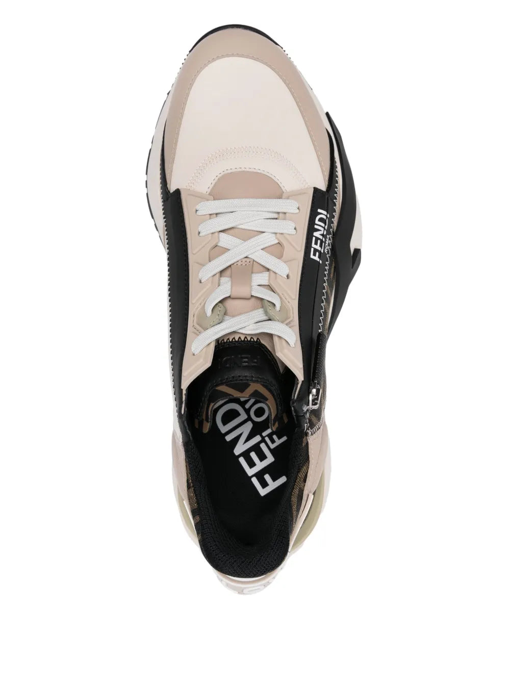 Beige and black Fendi Flow sneakers top view with lace-up closure and logo tongue