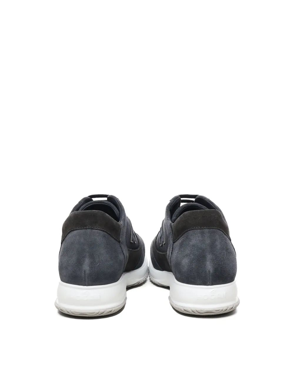Hogan interactive sneakers, rear view in navy suede with padded heel and white sole