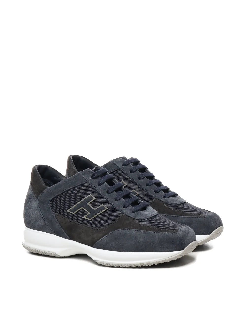 Hogan interactive sneakers, side view in navy suede with lace-up and H emblem