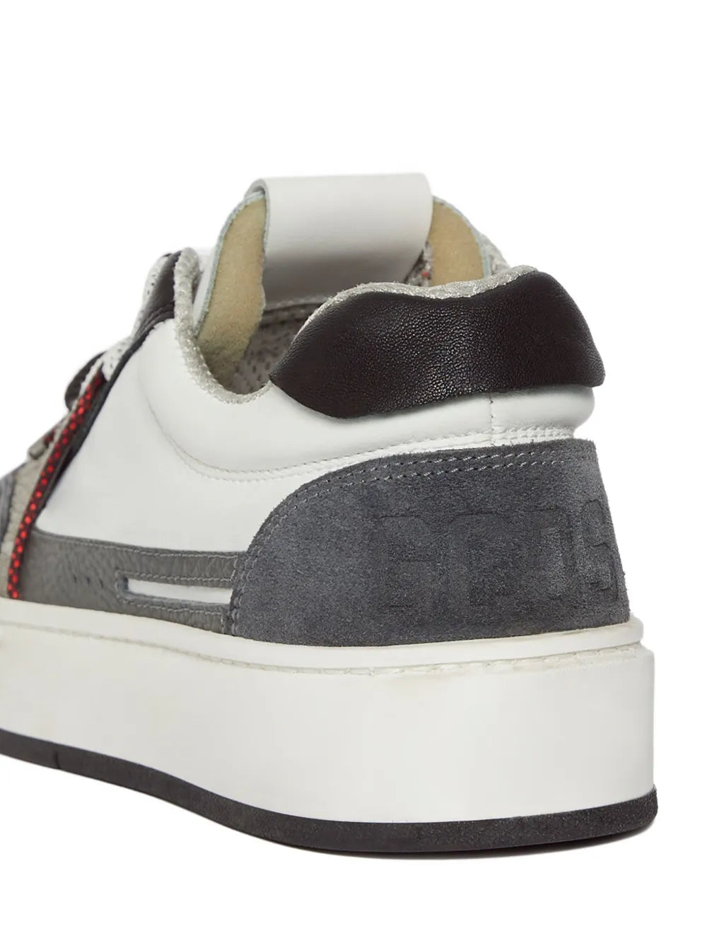 Gcds bucket bow sneakers, heel view with white leather, gray suede panel, black cap