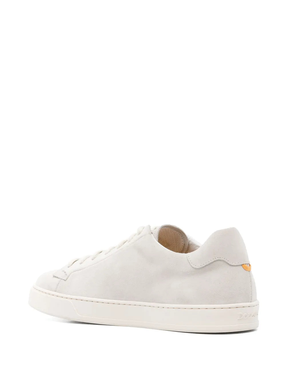 Off-white suede sneakers with cushioned collar and rubber sole, rear view.