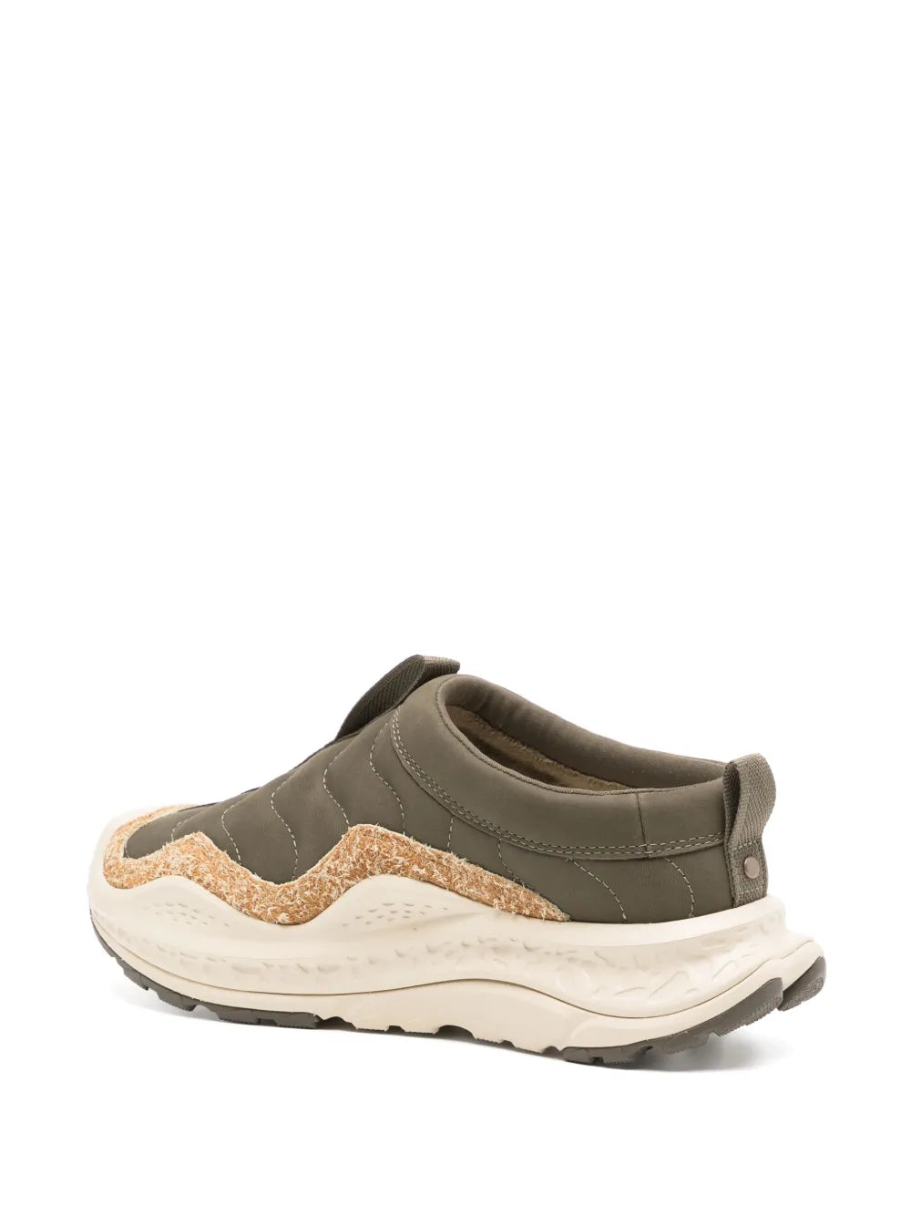 Olive slip-on sneaker side view with elastic strap and sculpted sole tread