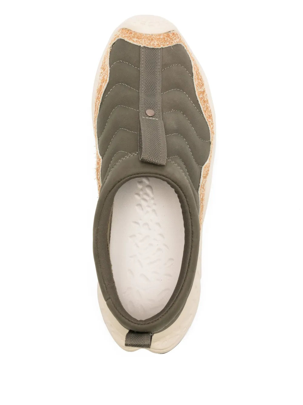 Olive slip-on sneaker heel view with lace-free upper and cushioned lining