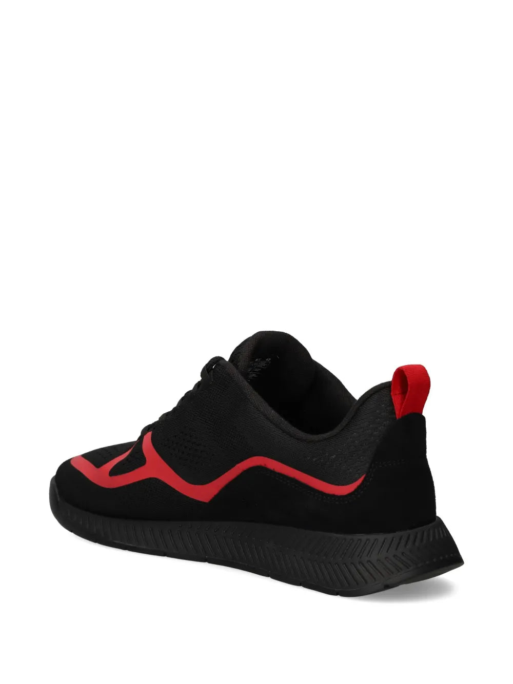 Black low-top runner sneakers with red heel pull tab and side panel logo