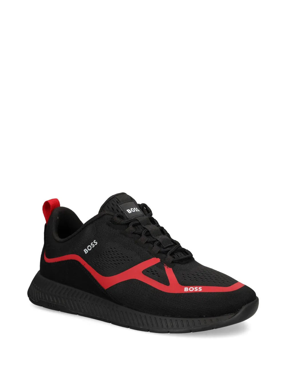 Black lace-up runner sneakers with red accents and low-profile rubber sole