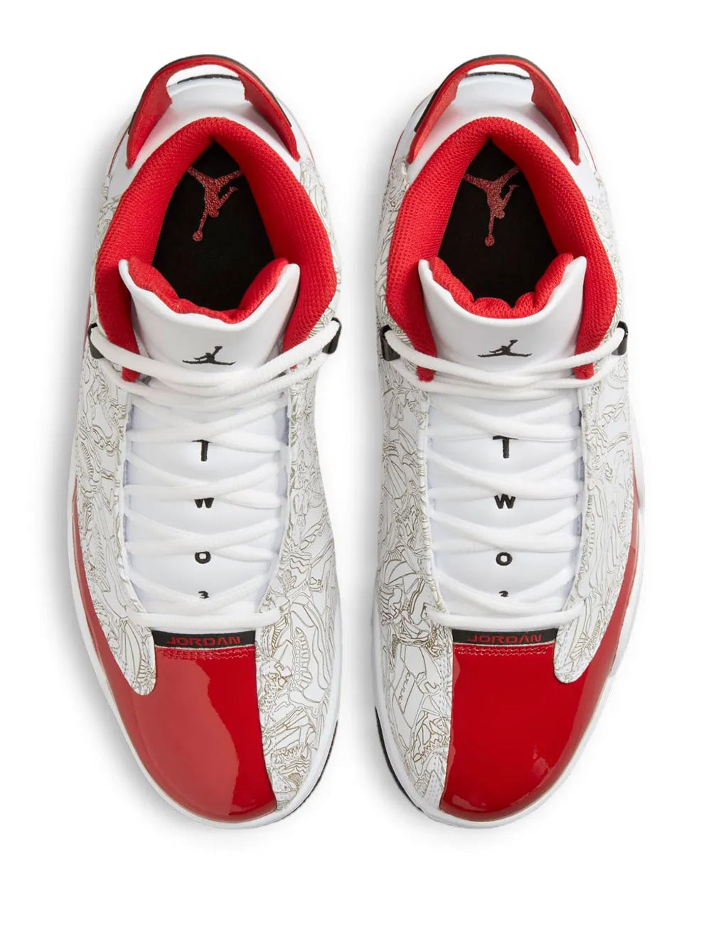Pair of white high-top sneakers with red lining and gold graphic on the toe