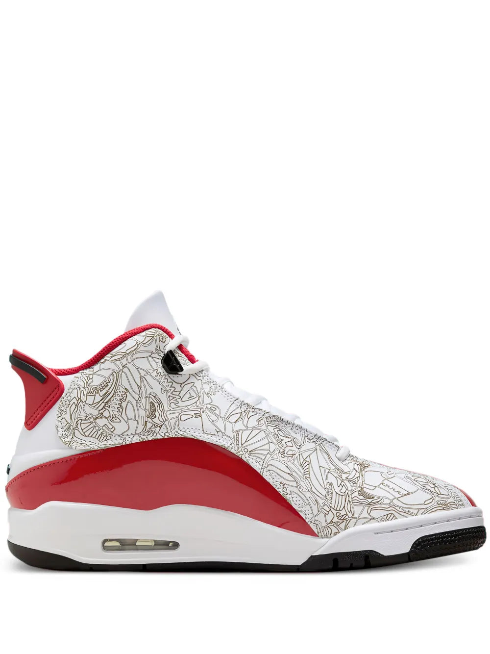 White and red high-top sneakers with gold line-art pattern, black outsole