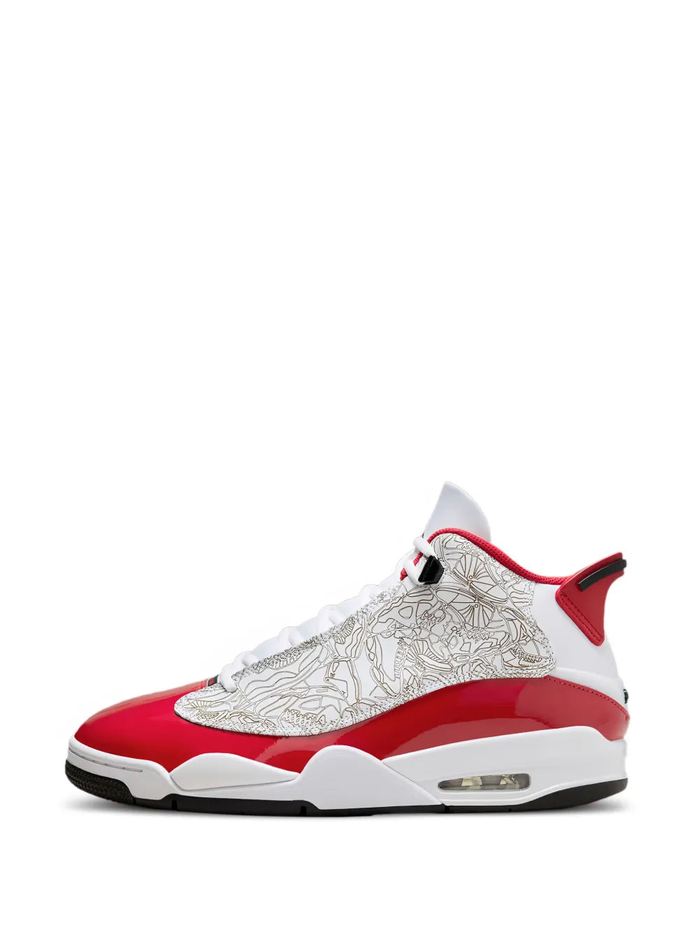 White and red high-top sneakers with gold pattern and air sole unit, side view