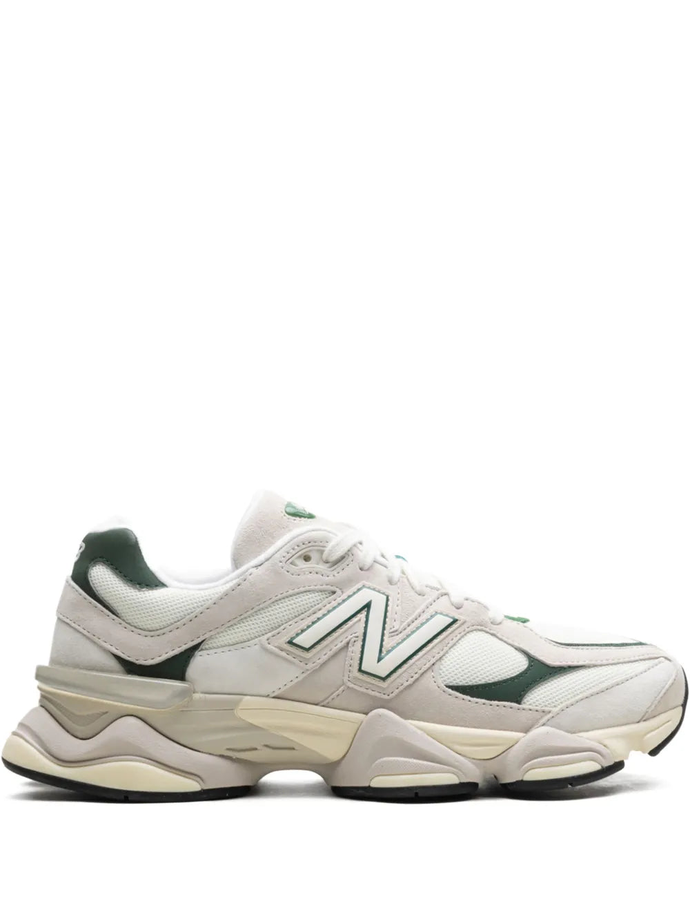 White lace-up sneakers with green accents, New Balance N logo, chunky sole