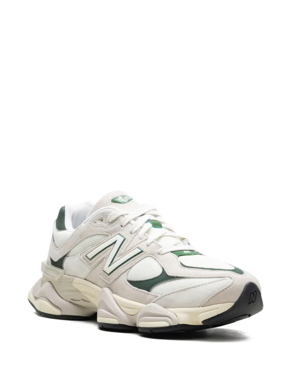 White lace-up running sneakers with green overlays and New Balance N logo