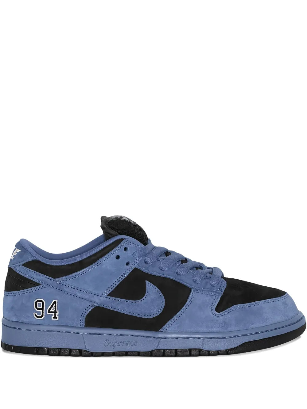 Nike suede trainers in blue with black Swoosh and '94' number patch