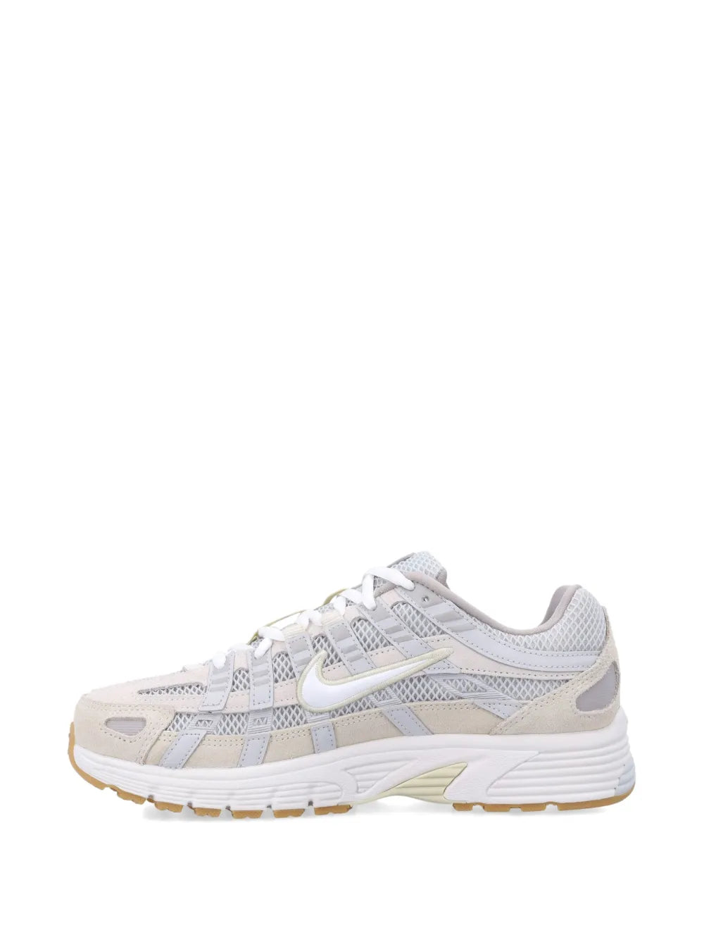 Running shoe side view, white/grey mesh with Swoosh logo and lace-up front