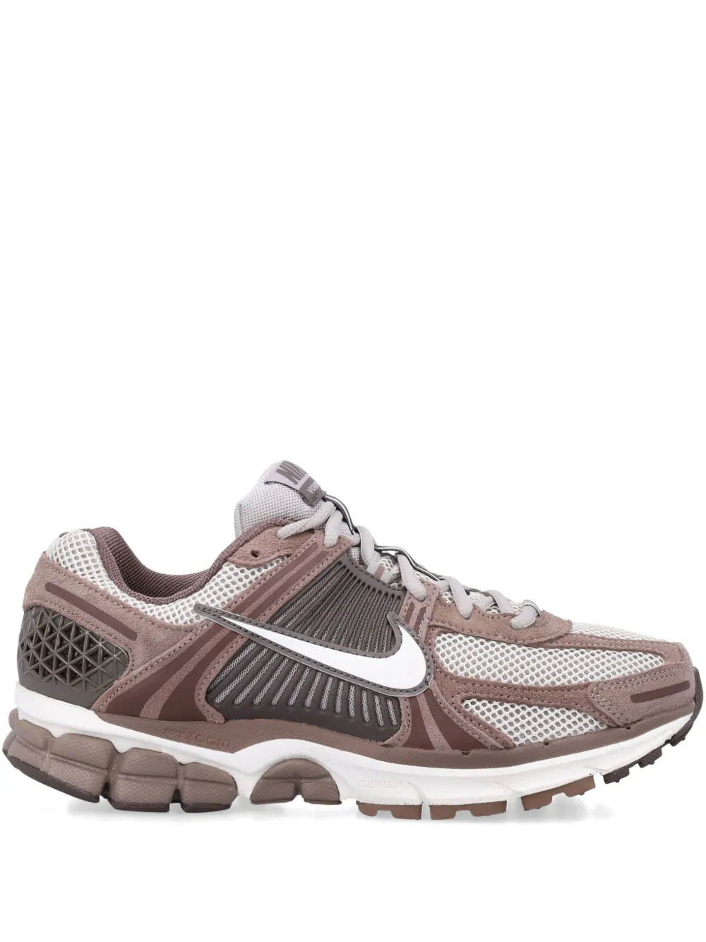 Nike Zoom Vomero 5 sneaker in pink and taupe with mesh upper, side view