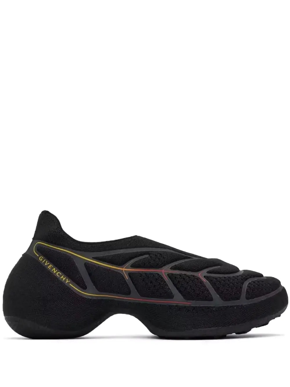 Givenchy black slip-on sneakers with molded geometric panels and neon trim