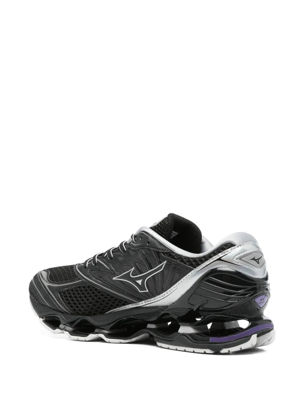 Black Mizuno Wave Prophecy LS sneakers, rear view, purple heel accent