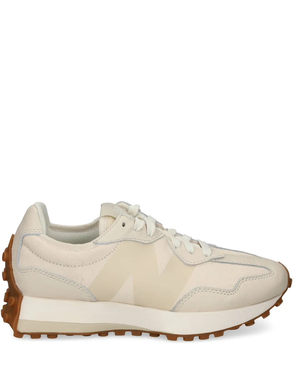 Beige lace-up low-top sneakers with textured rubber trail sole and side logo detail
