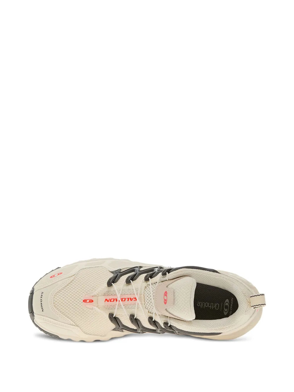 Beige trail running shoe angled view with lace-up front and cushioned collar
