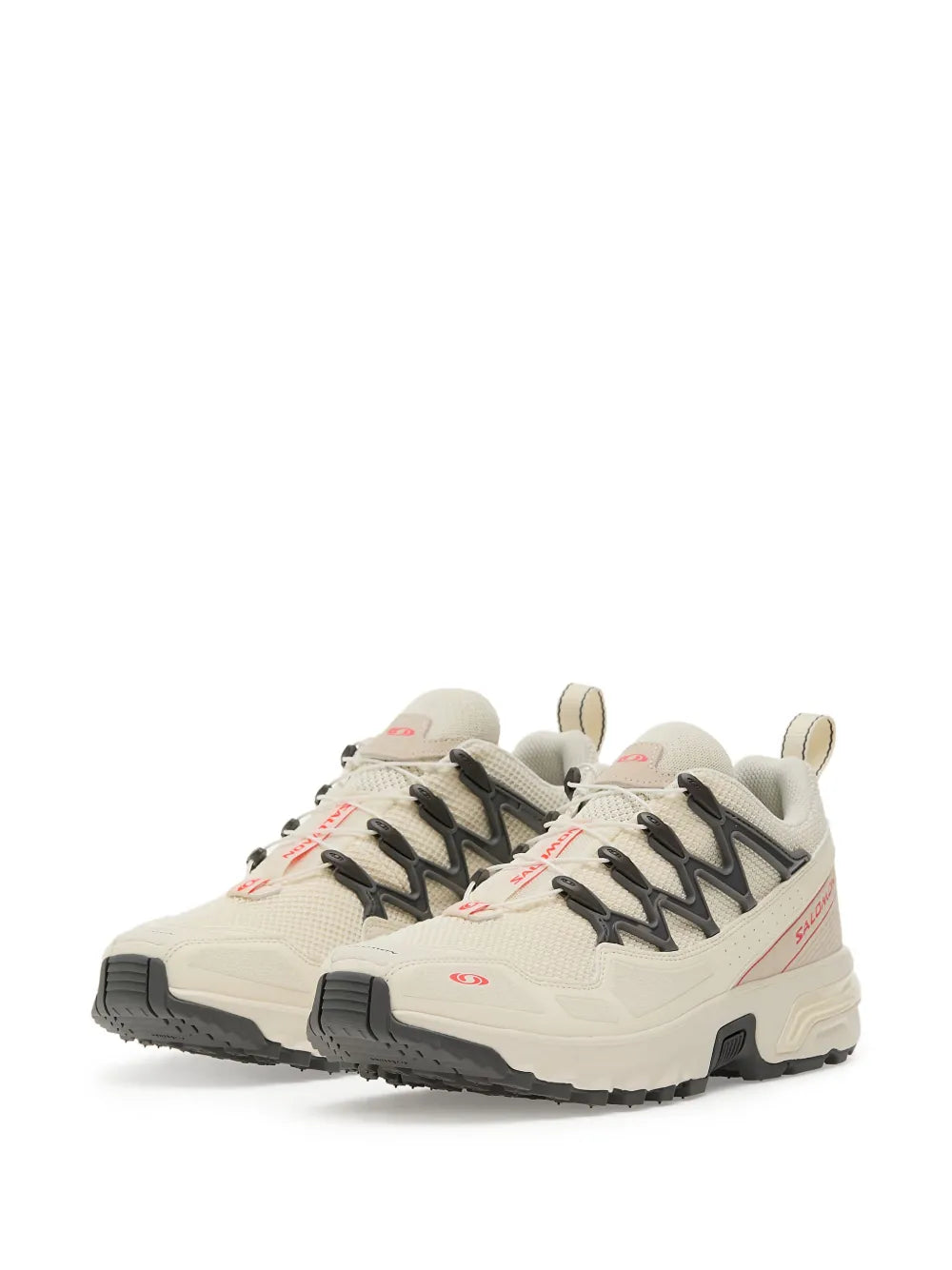 Beige trail running shoes, lace-up design with black overlays and red accents