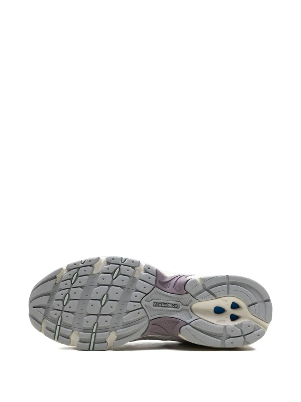 New Balance 530 outsole, gray tread with blue and lilac accents