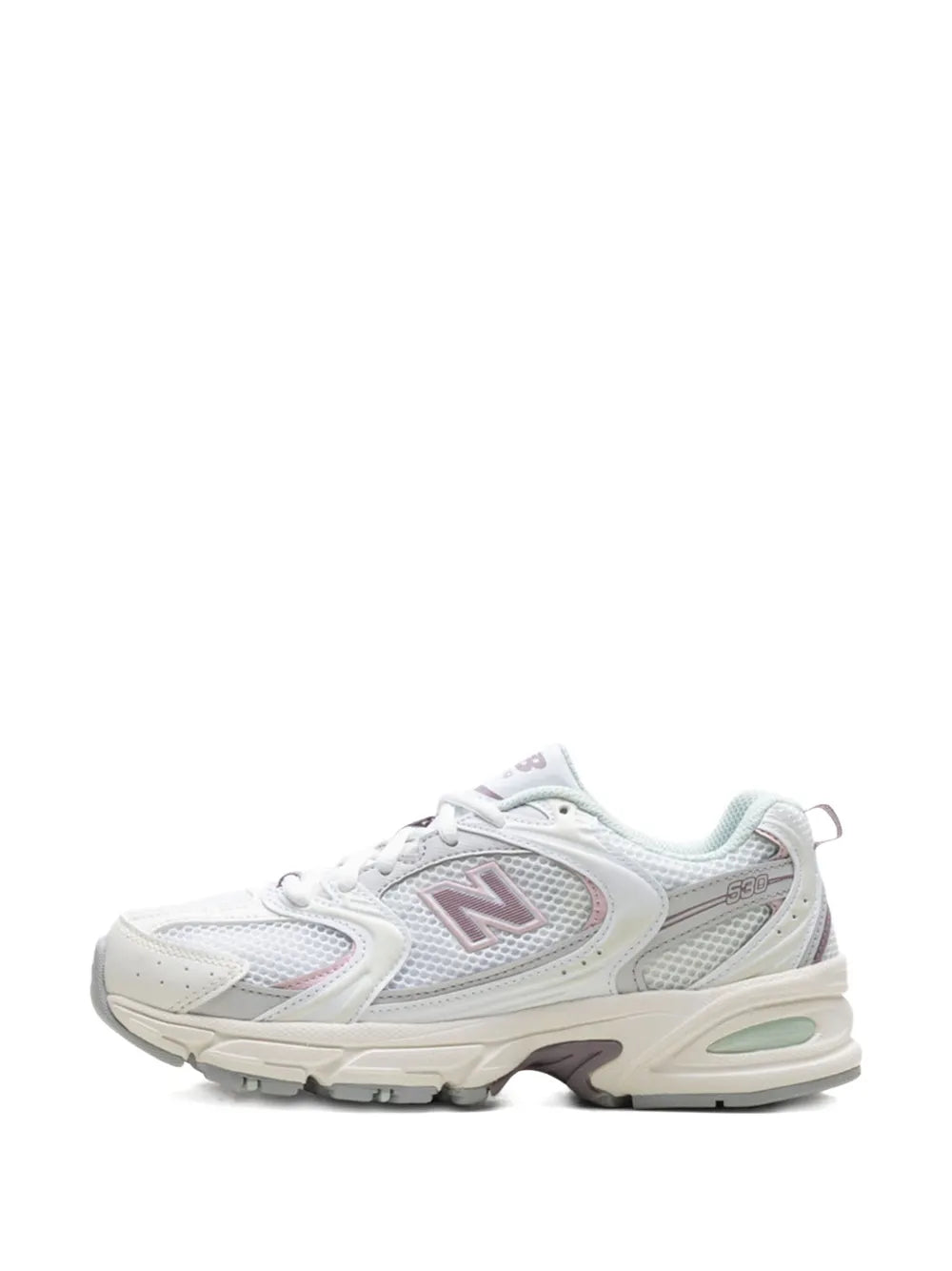 New Balance 530 sneaker, white upper with lilac N logo and beige-mint midsole