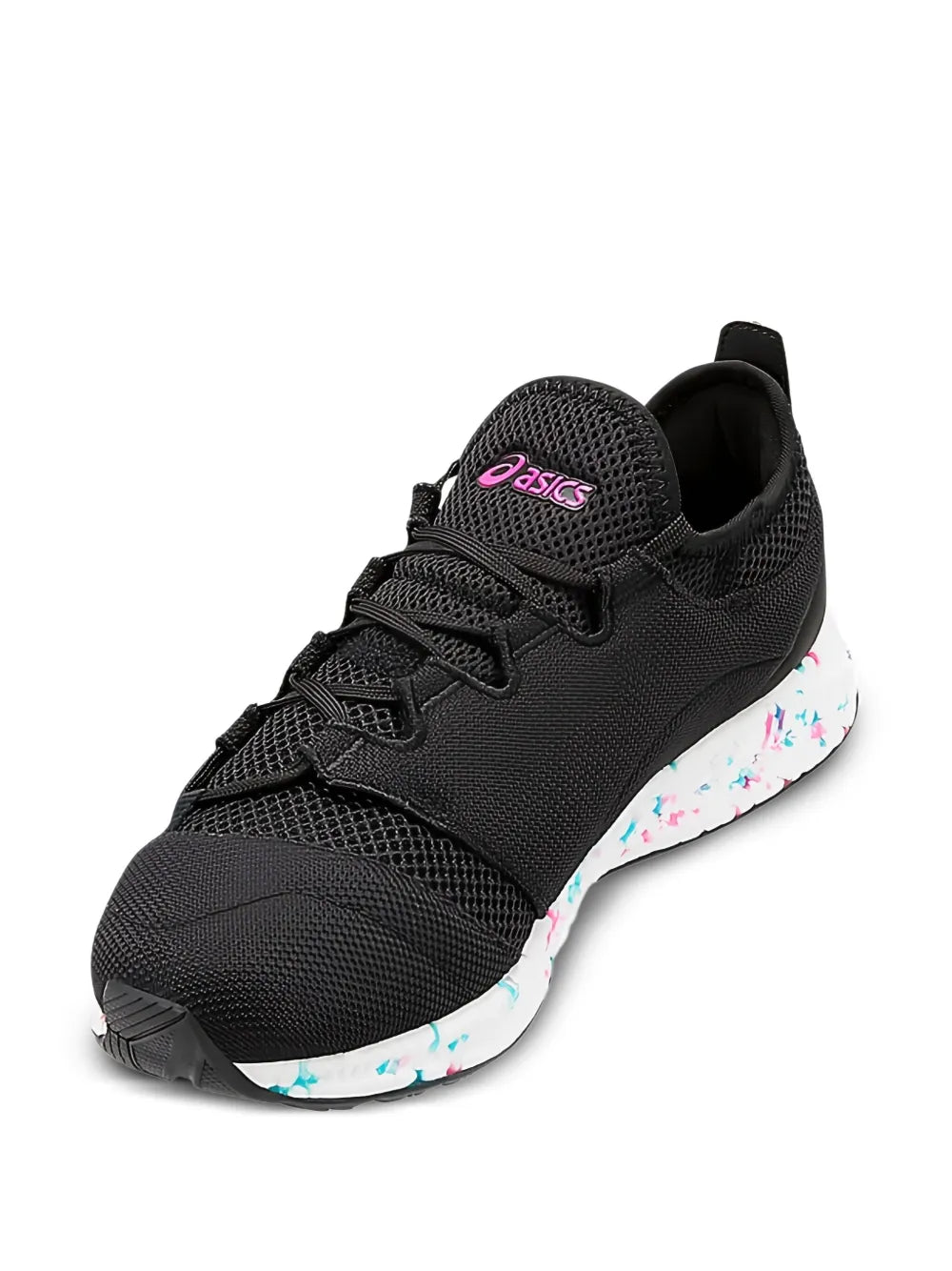 Black mesh lace-up sneaker with pink ASICS logo and speckled white midsole