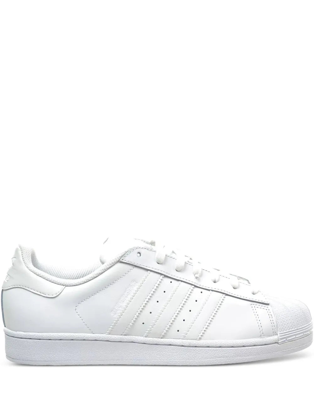 White leather low-top sneakers with three-bar stripes and lace-up front
