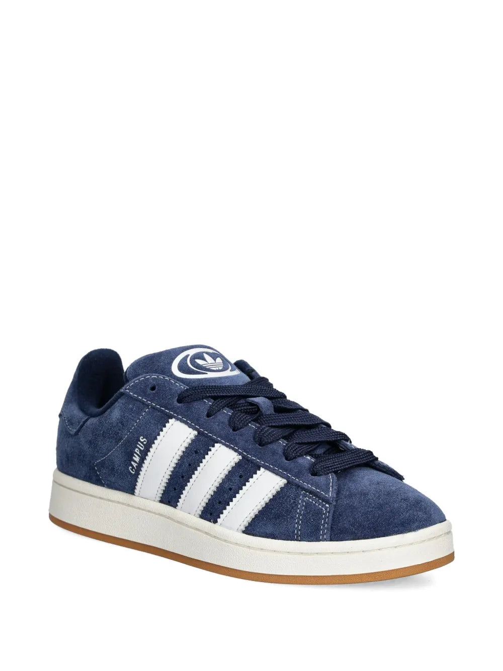 Blue low-top sneakers with three white stripes and black lace-up front