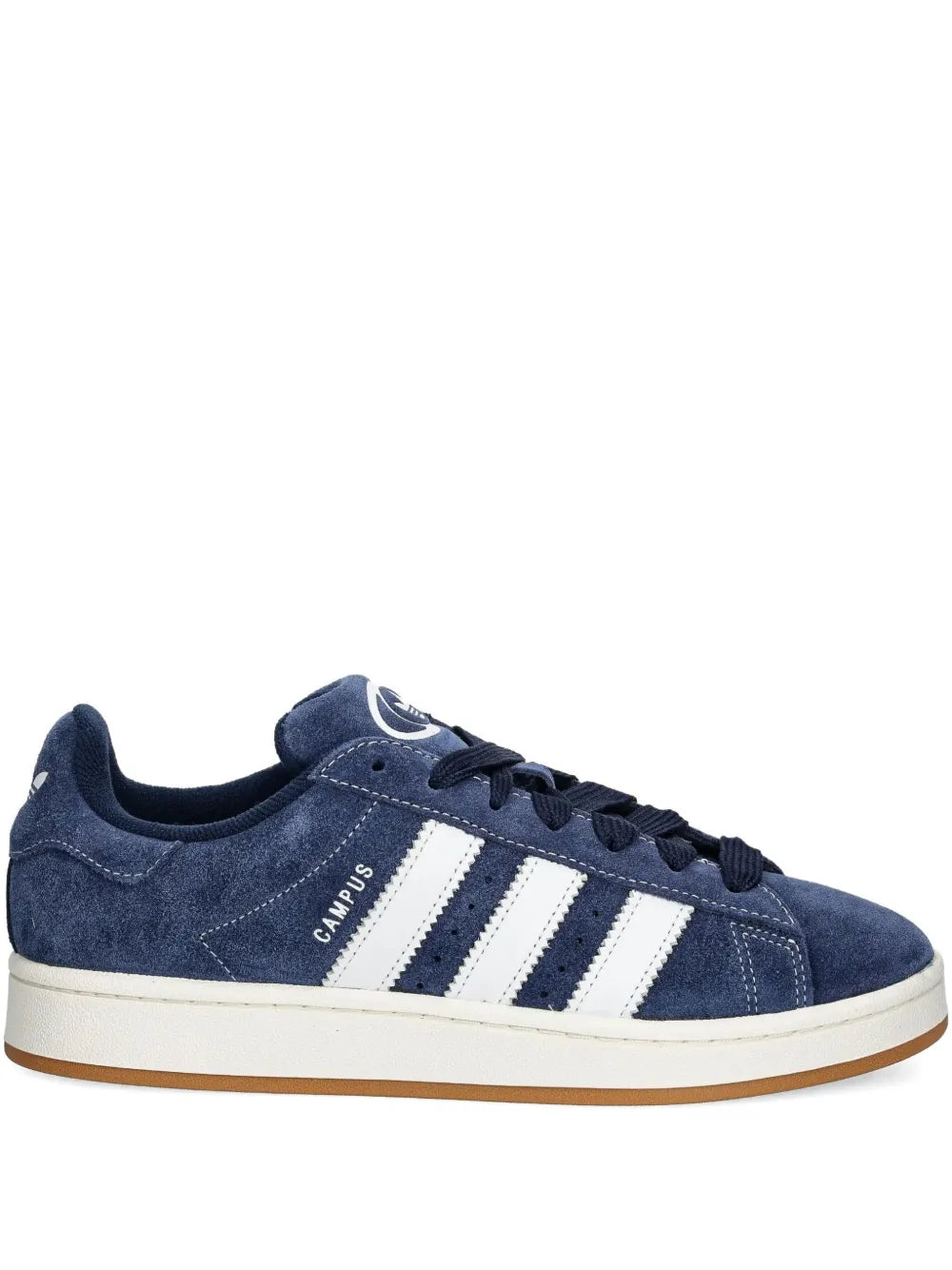 Blue suede low-top sneakers with white adidas stripes and gum rubber sole