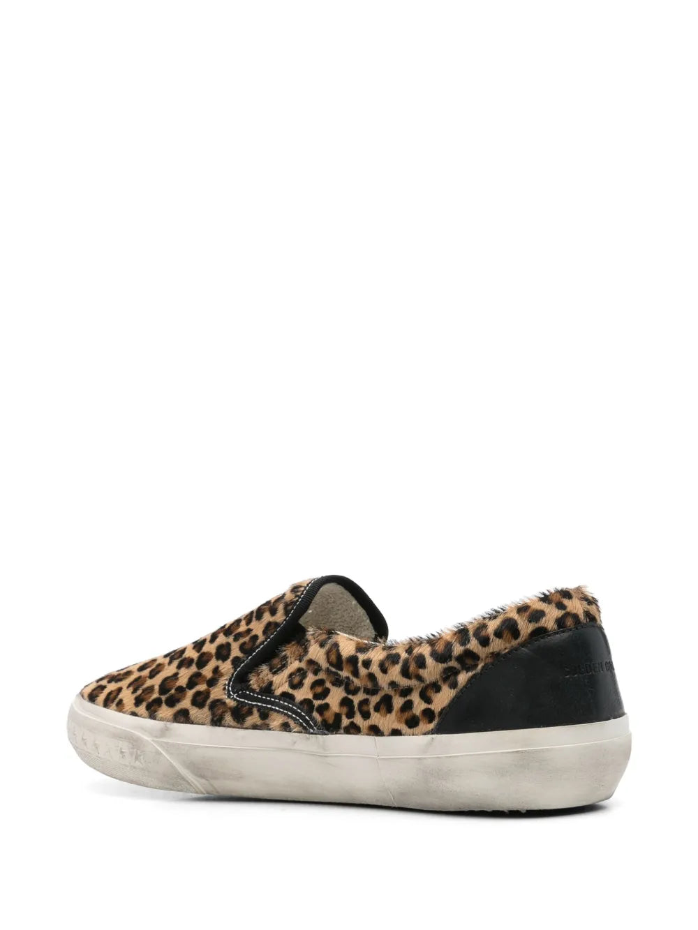 Golden Goose leopard-print slip-on sneakers, three-quarter view with black heel