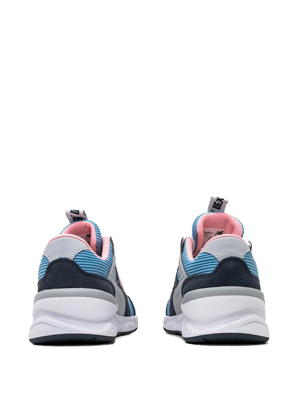 New Balance X-90 sneakers, rear view: blue panels, navy overlays, pink collar