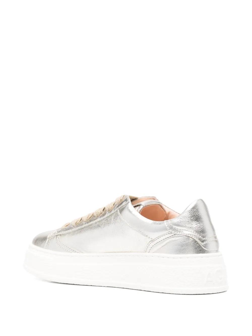 Silver metallic low-top sneakers, rear view with white rubber sole
