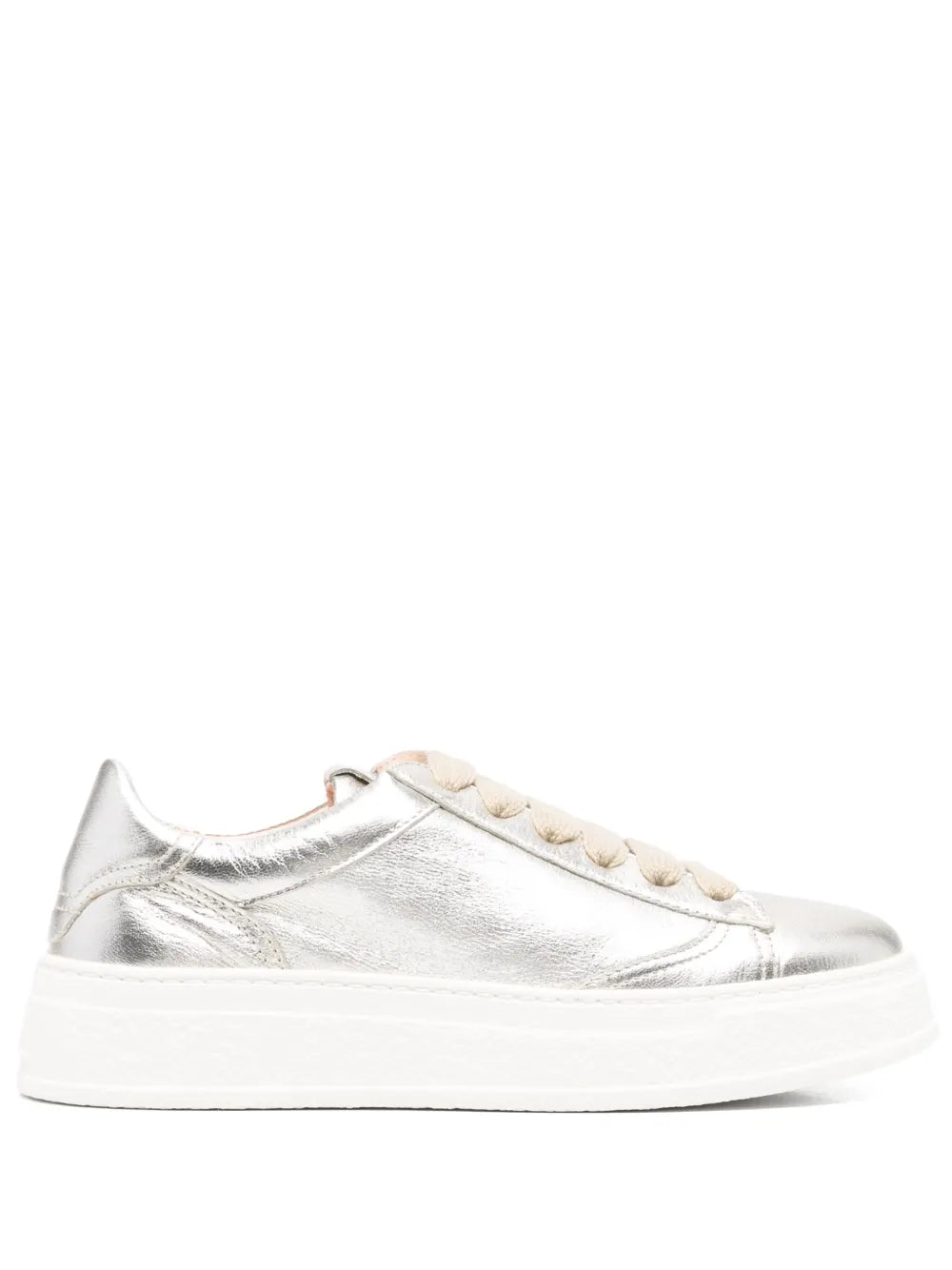 Silver metallic low-top lace-up sneakers with white rubber sole