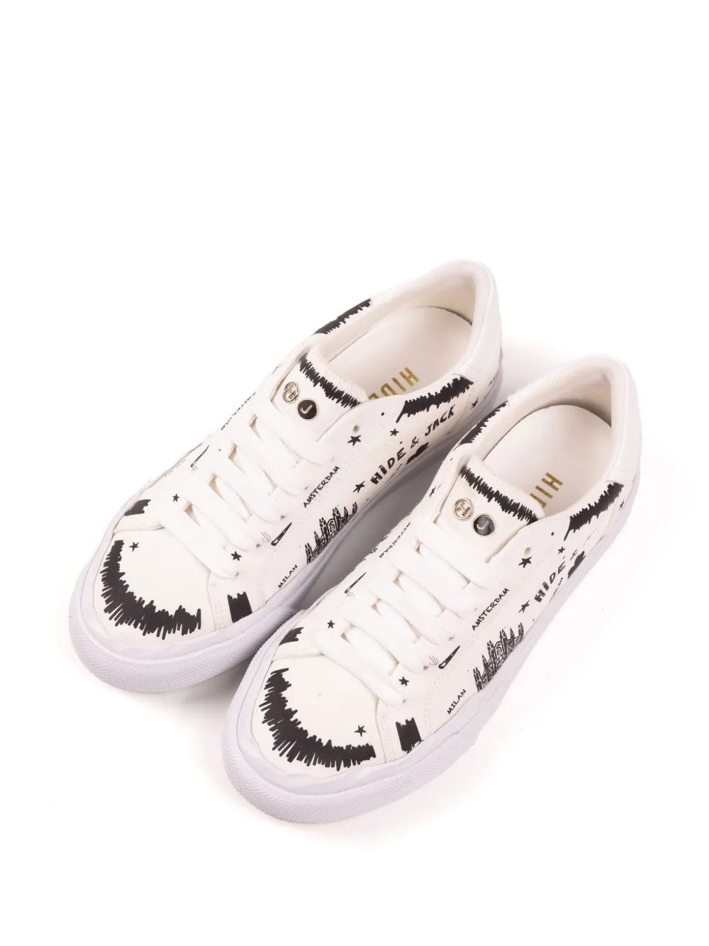 Hide&Jack Toby white lace-up sneakers with black animal-face and star graphics.