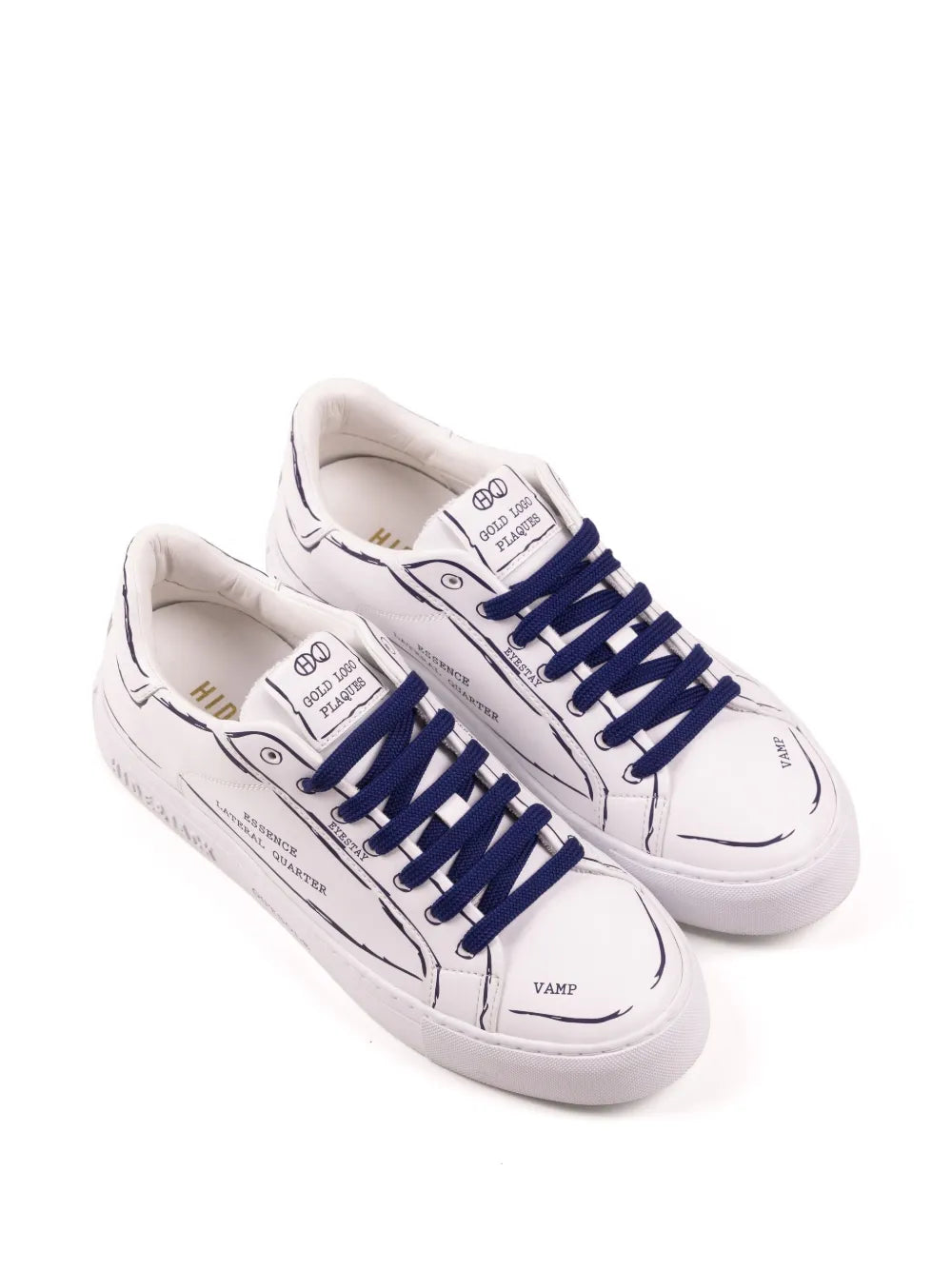 White low-top sneakers with navy-blue lace-up front and side lettering