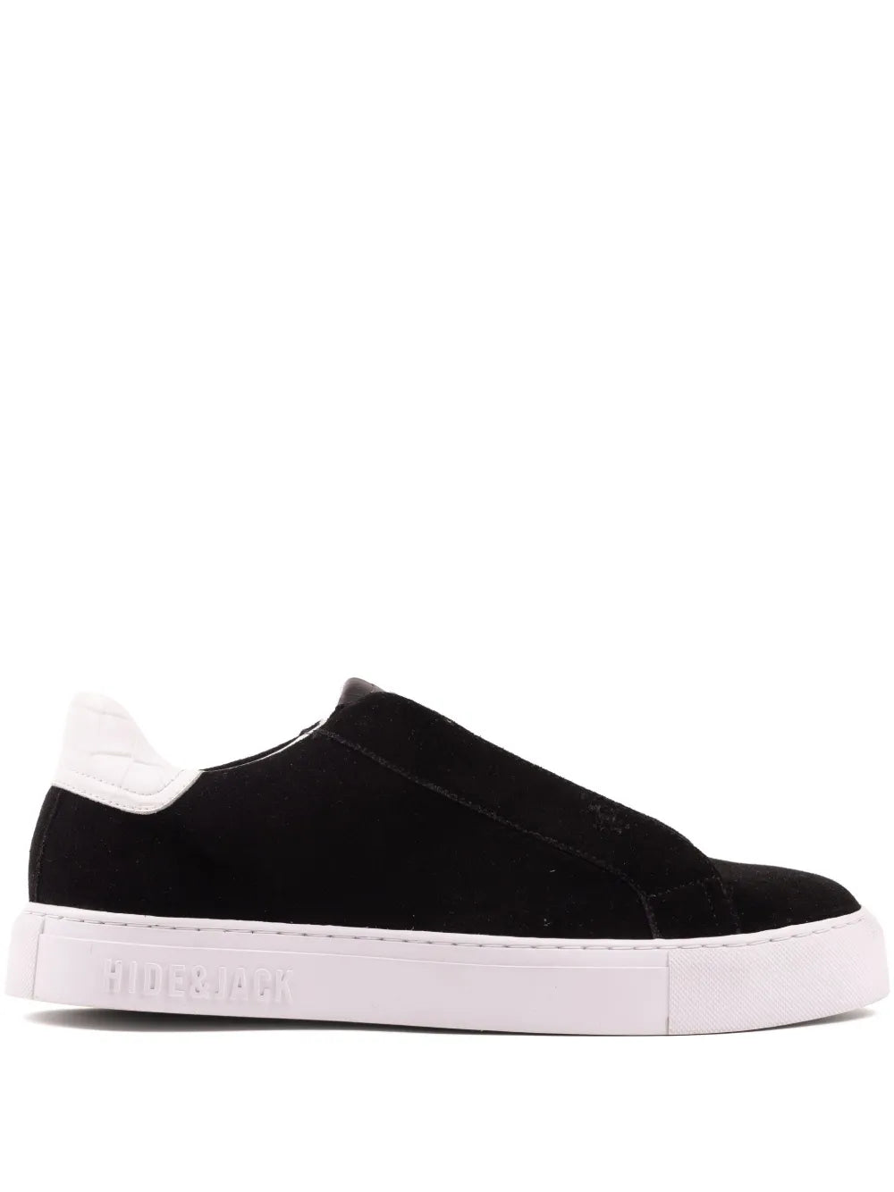 Black slip-on sneakers with white rubber sole and side logo detail