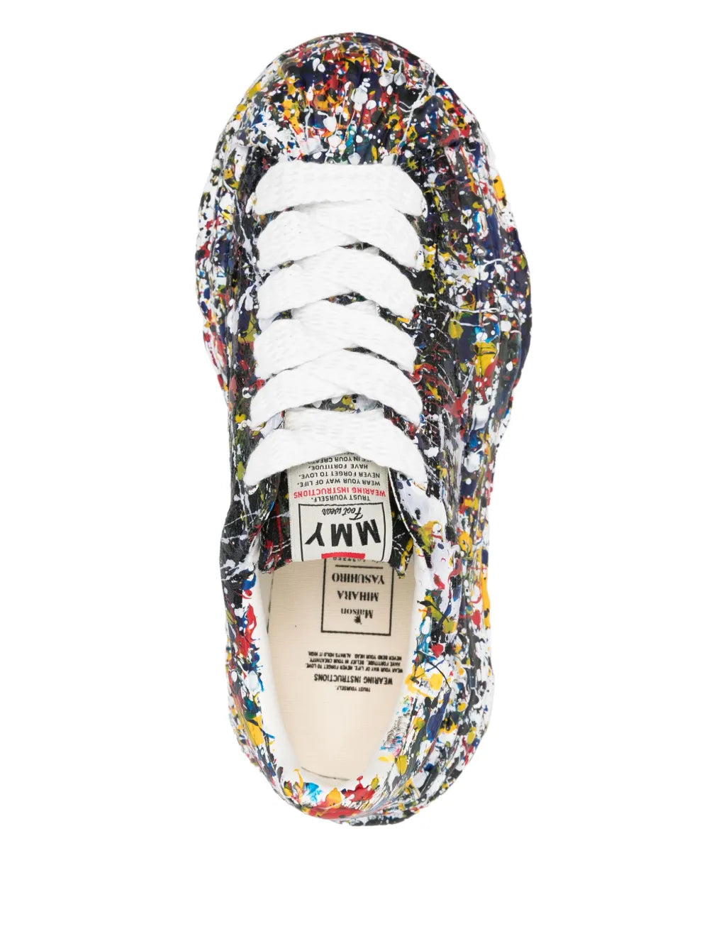 Maison Mihara Yasuhiro paint-splatter sneakers, white laces and tongue label, multicolor