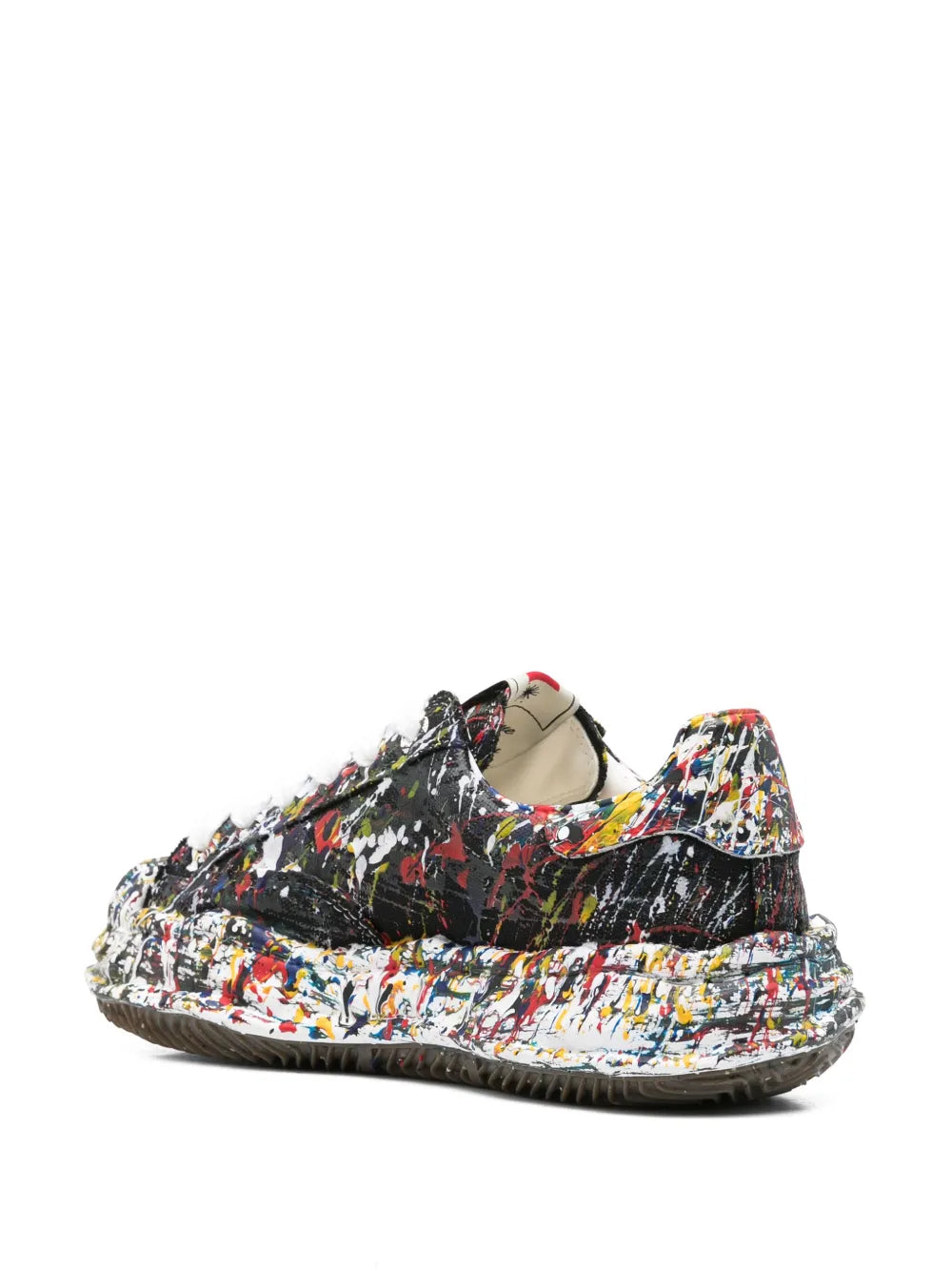 Maison Mihara Yasuhiro paint-splatter sneakers, side with heel, multicolor splashes