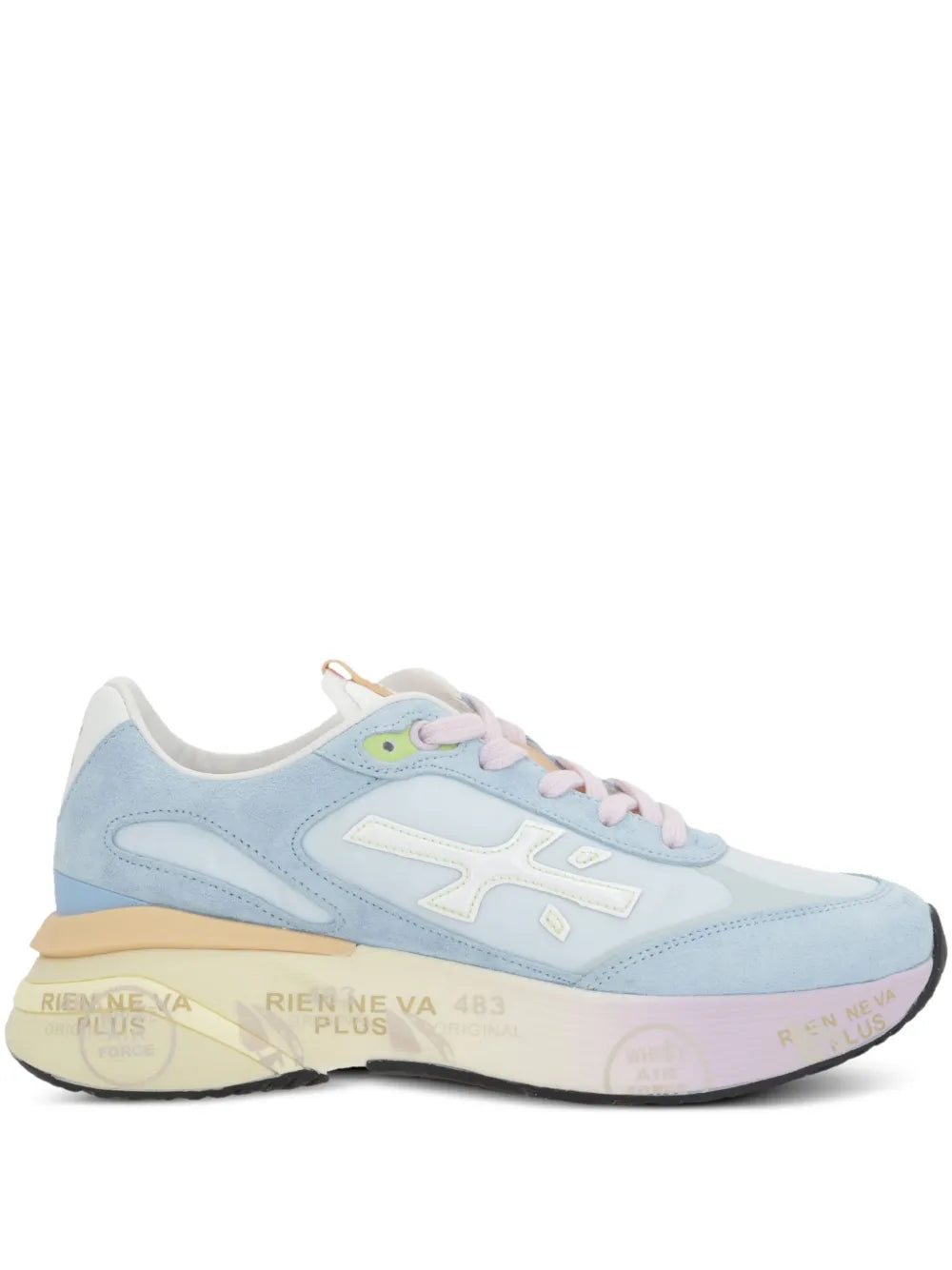 Premiata Moerund light blue low-top sneakers, pink laces, beige outsole