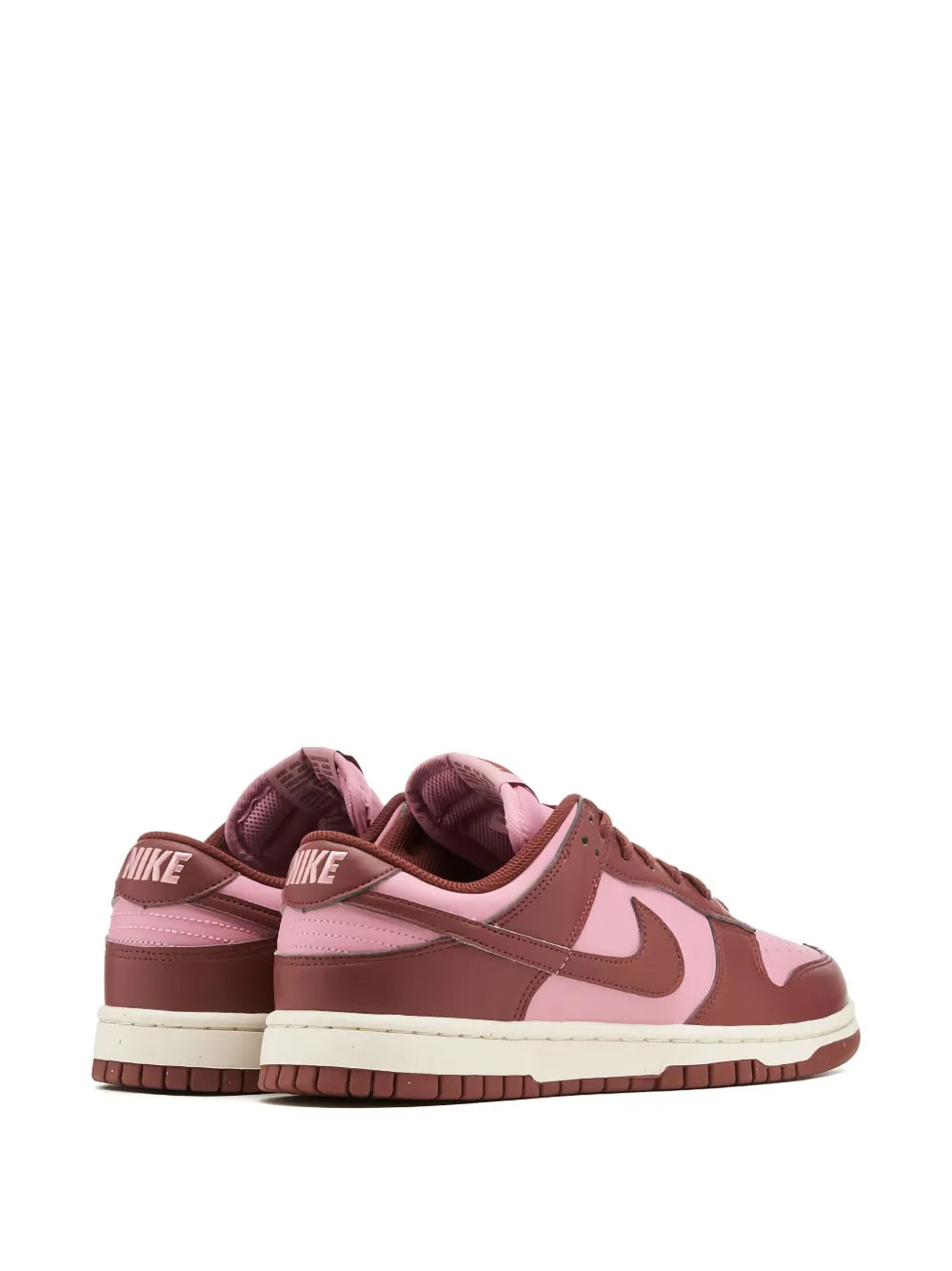 Low-top sneakers with Nike heel branding, burgundy and pink colorblock design