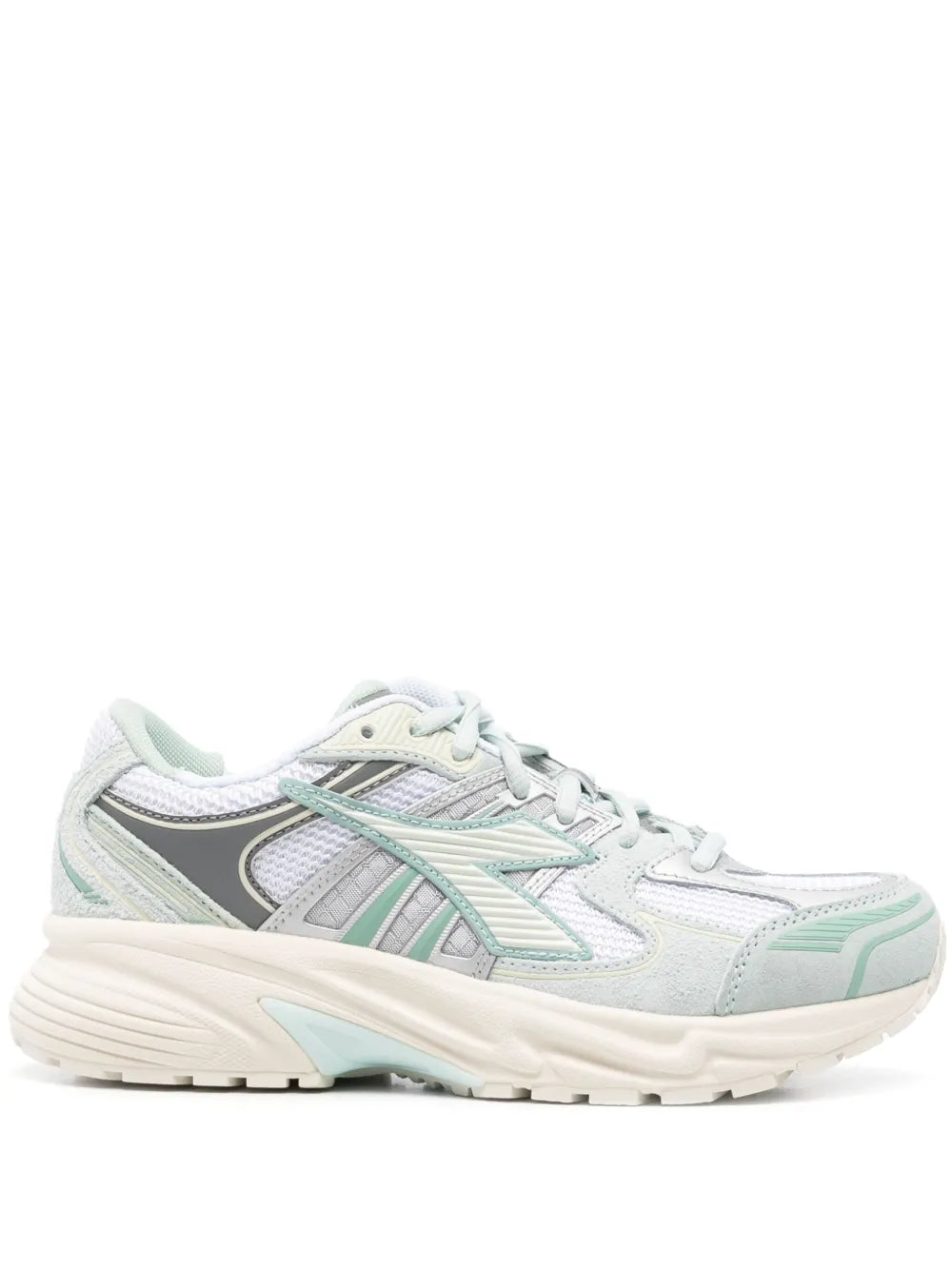 Light-colored lace-up sneakers with mint stripes and cushioned off-white sole