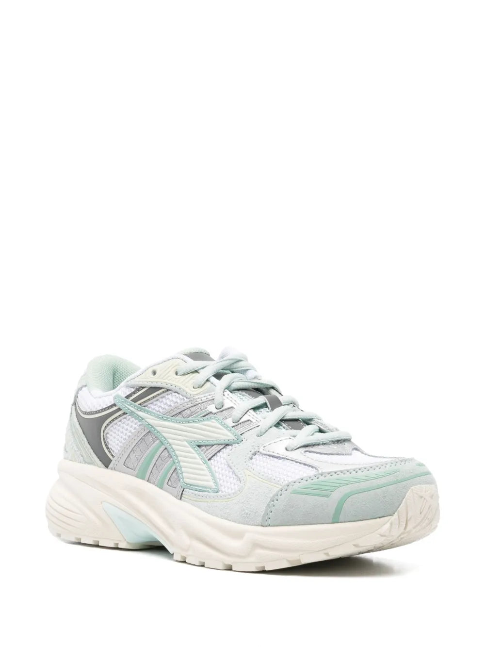 Side-view lace-up sneakers in white with mint panels and chunky off-white sole