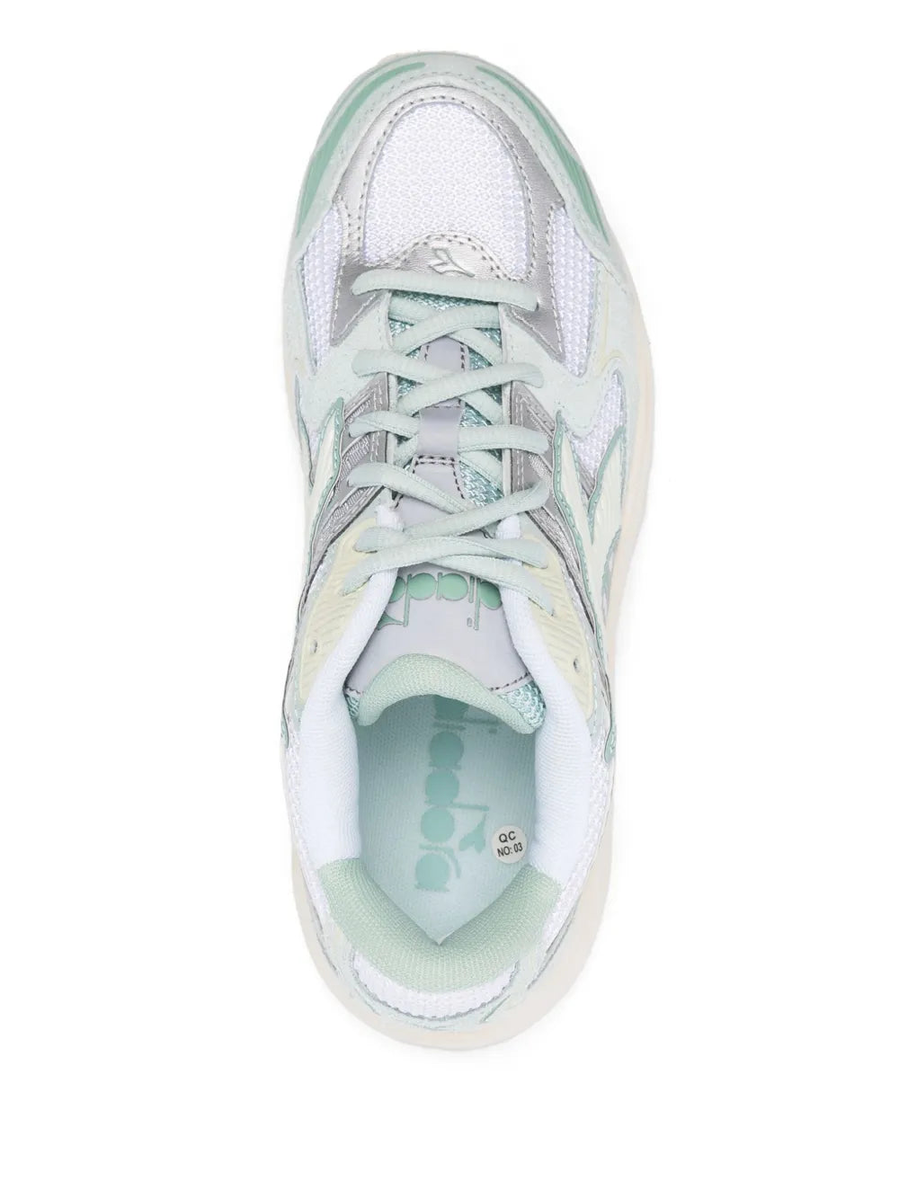 Front view lace-up sneaker showing mint lining and textured toe cap