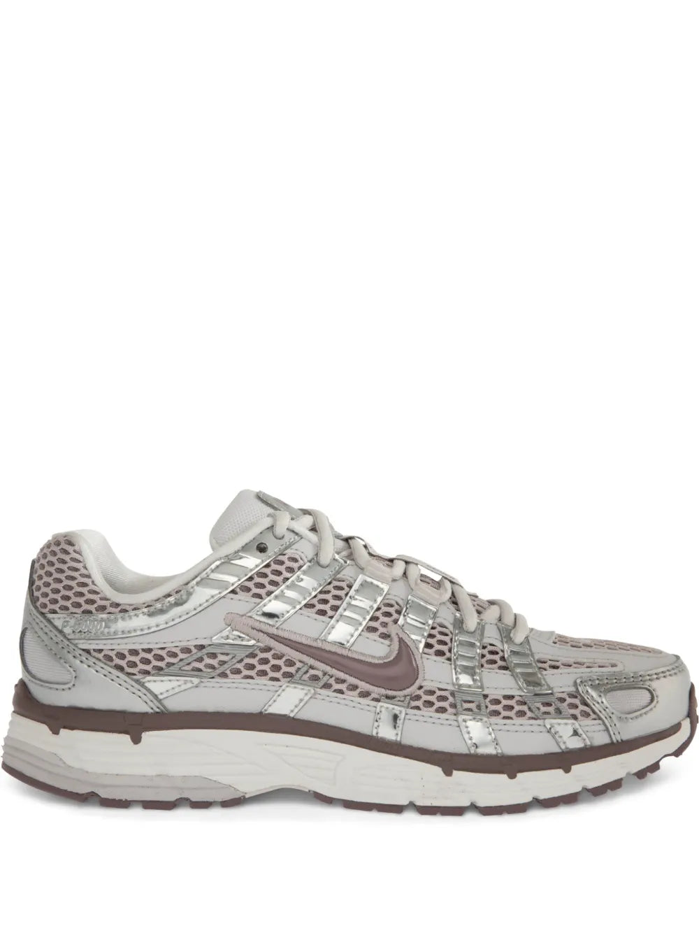 Nike P-6000 sneakers, light gray mesh with metallic overlays and chunky brown sole