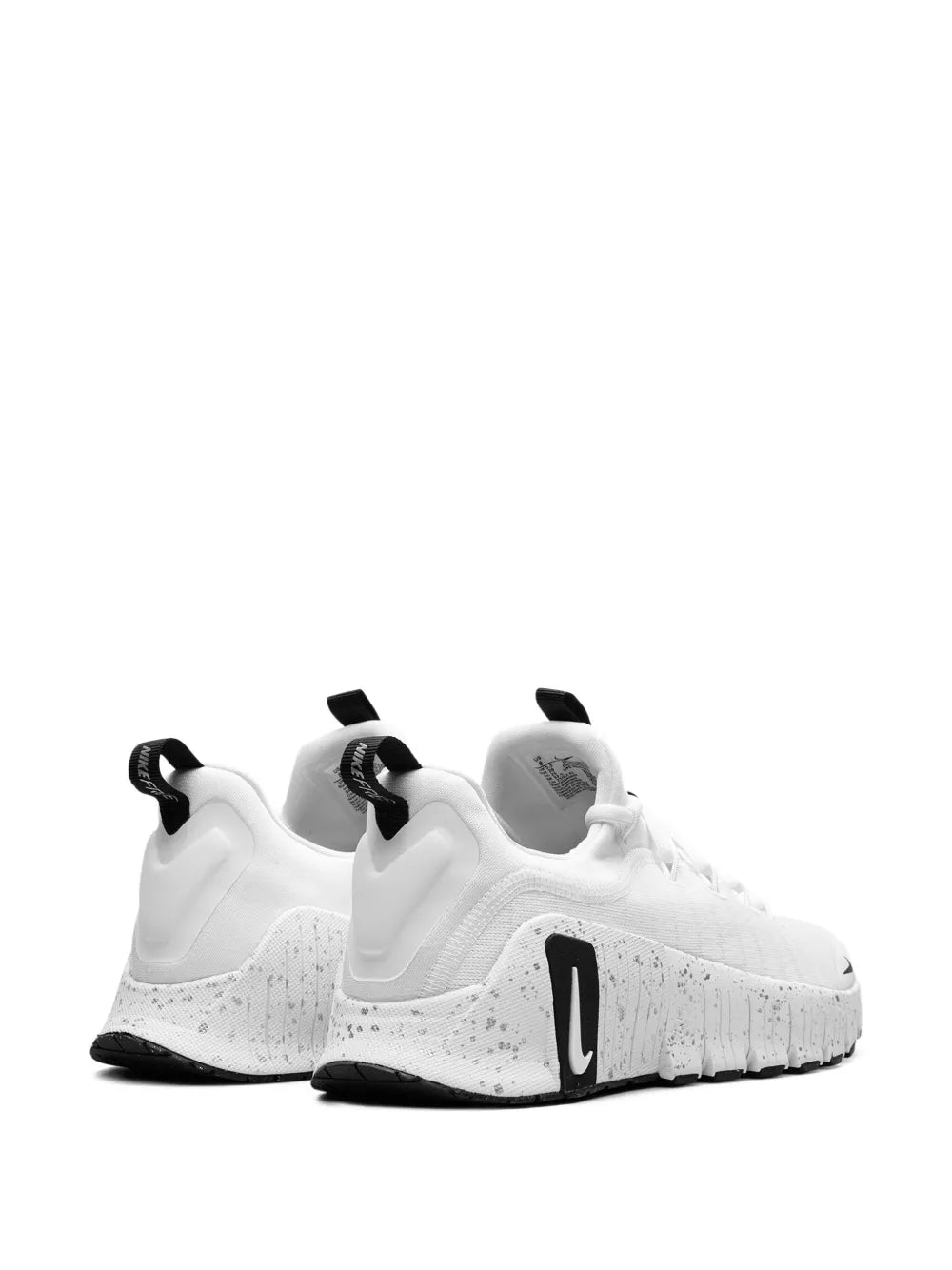 Nike Free Metcon 6 sneakers, white knit upper with black heel tabs and rear logo
