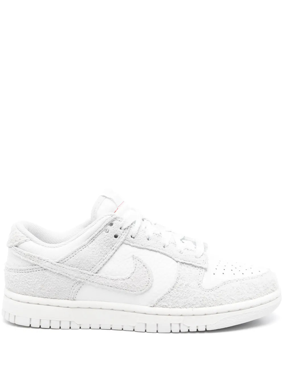 White Nike Dunk Low low-top sneakers, lace-up, suede uppers, swoosh side