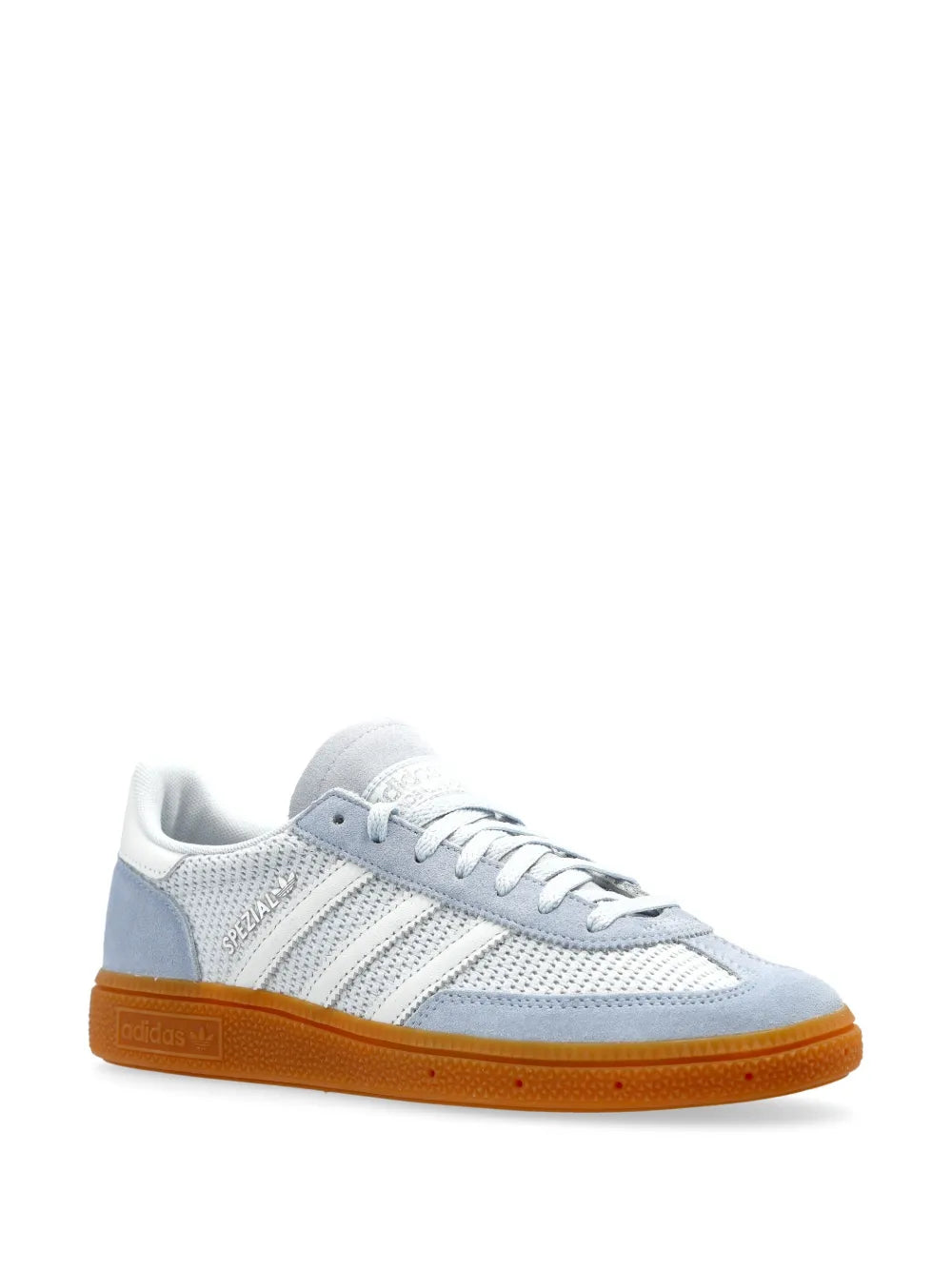 Light blue adidas Spezial low-top sneakers with white stripes and lace-up front