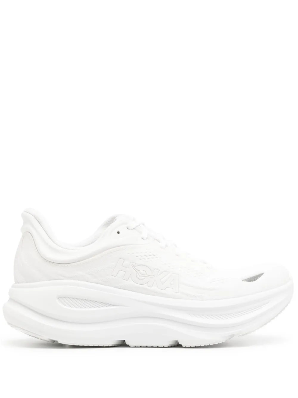 Hoka Bondi 9 white running sneakers, thick cushioned sole, lace-up