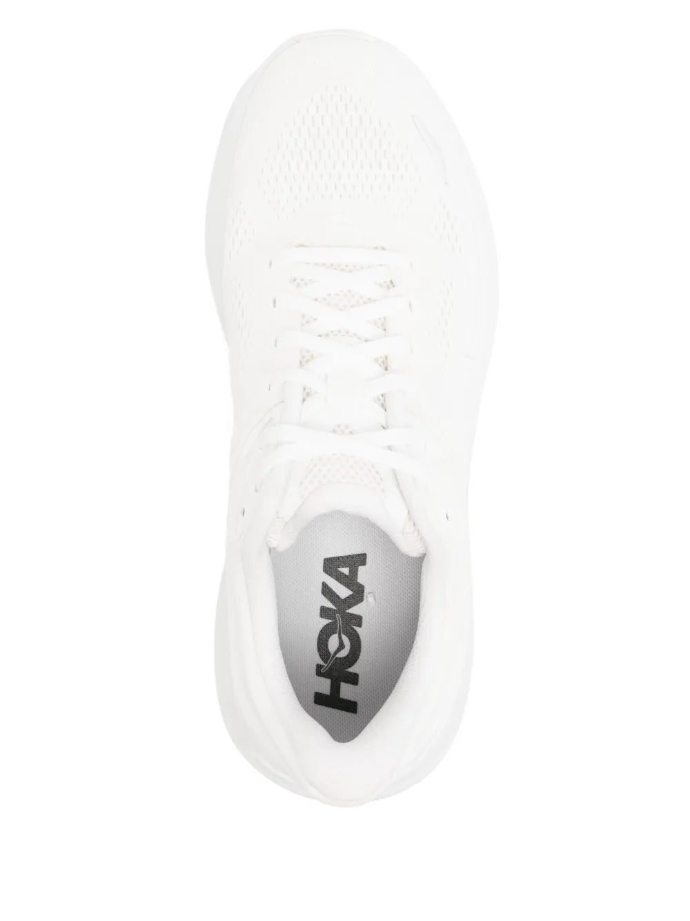 Hoka Bondi 9 white sneaker bottom view with Hoka logo on heel