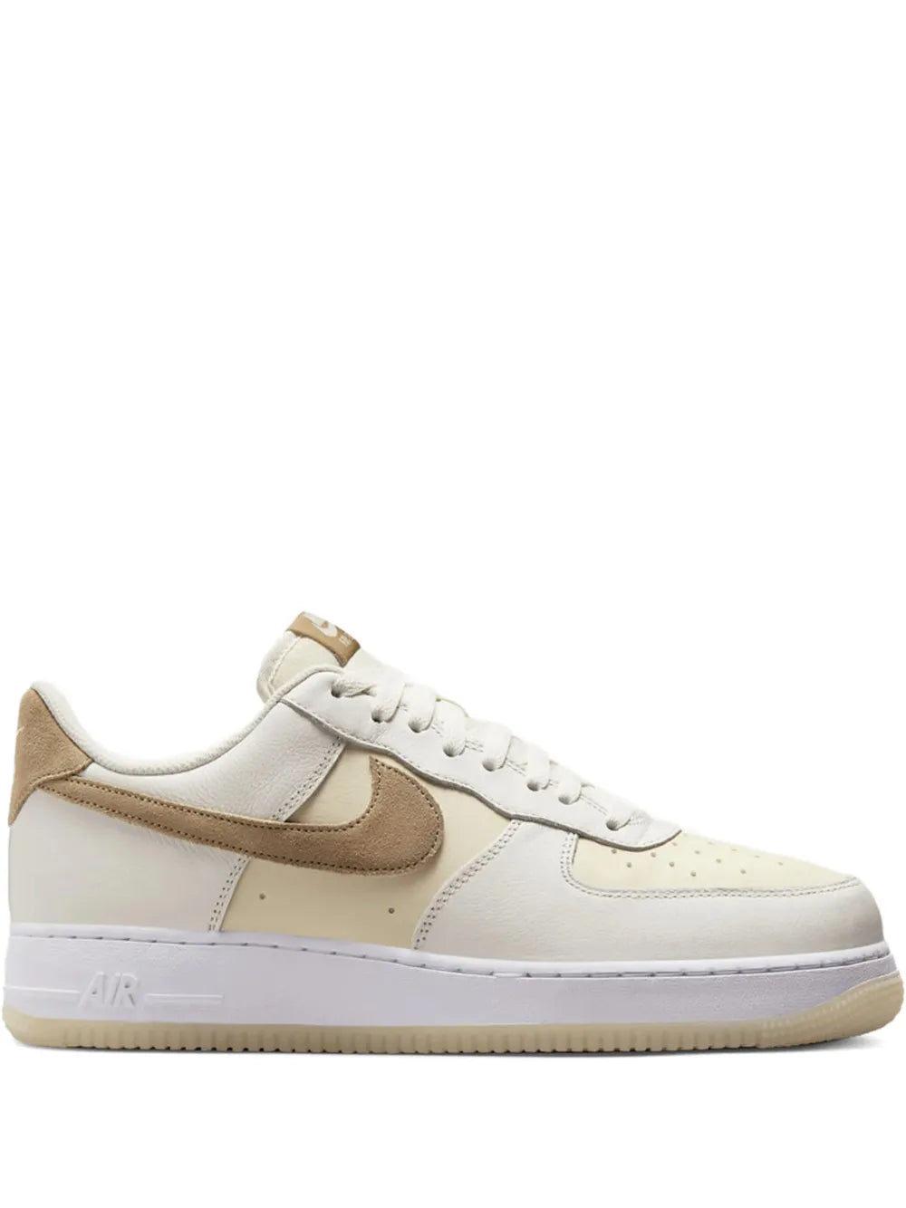 Nike Air Force 1 off-white sneakers with tan leather swoosh, lace-up, low-top