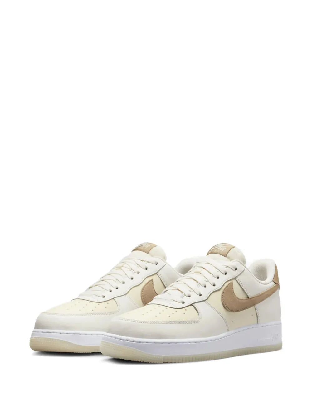 Nike Air Force 1 off-white sneakers, side view, tan heel tab and swoosh, lace-up